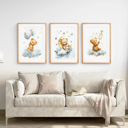 Teddy Bear Balloon Wall Art Set of 3 Nursery Prints
