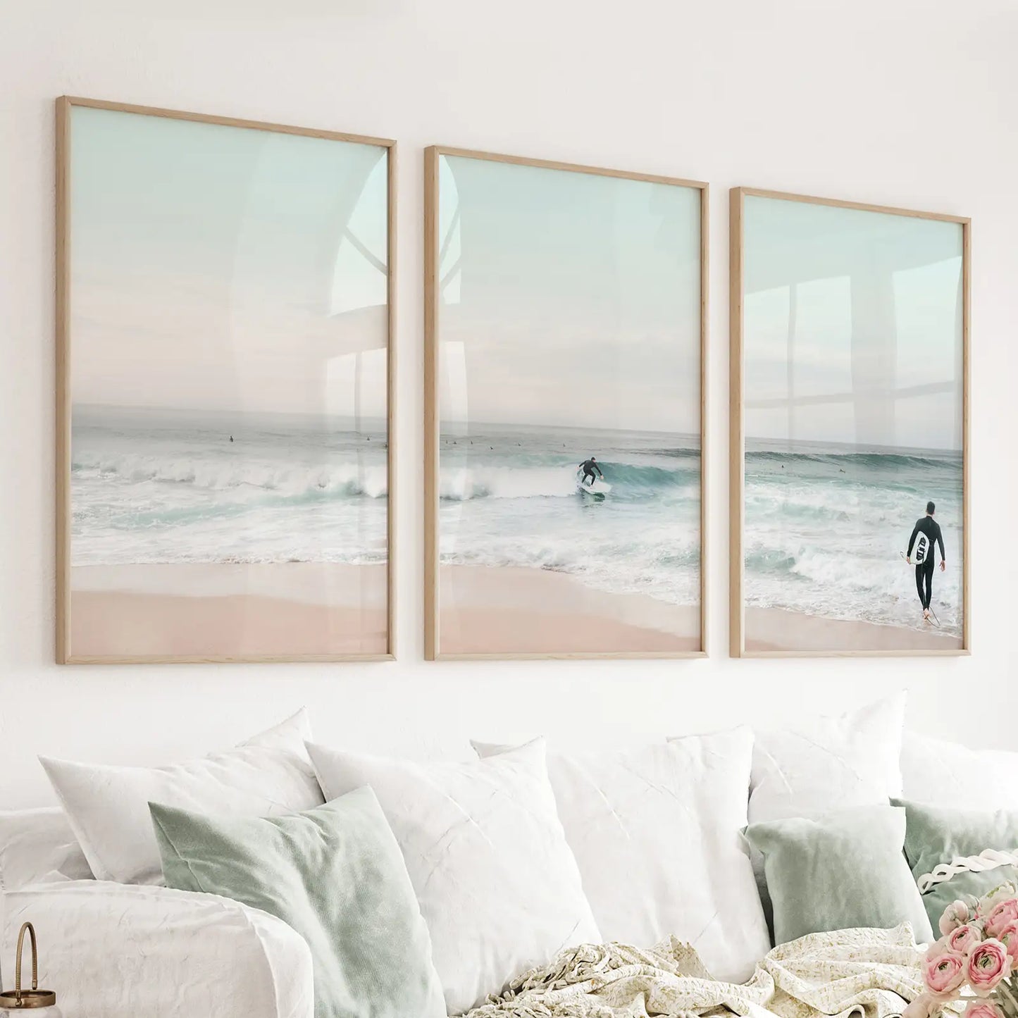 Set of 3 ocean surf beach wall art prints in turquoise and pink tones