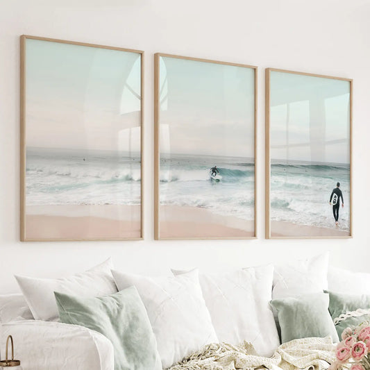 Set of 3 ocean surf beach wall art prints in turquoise and pink tones