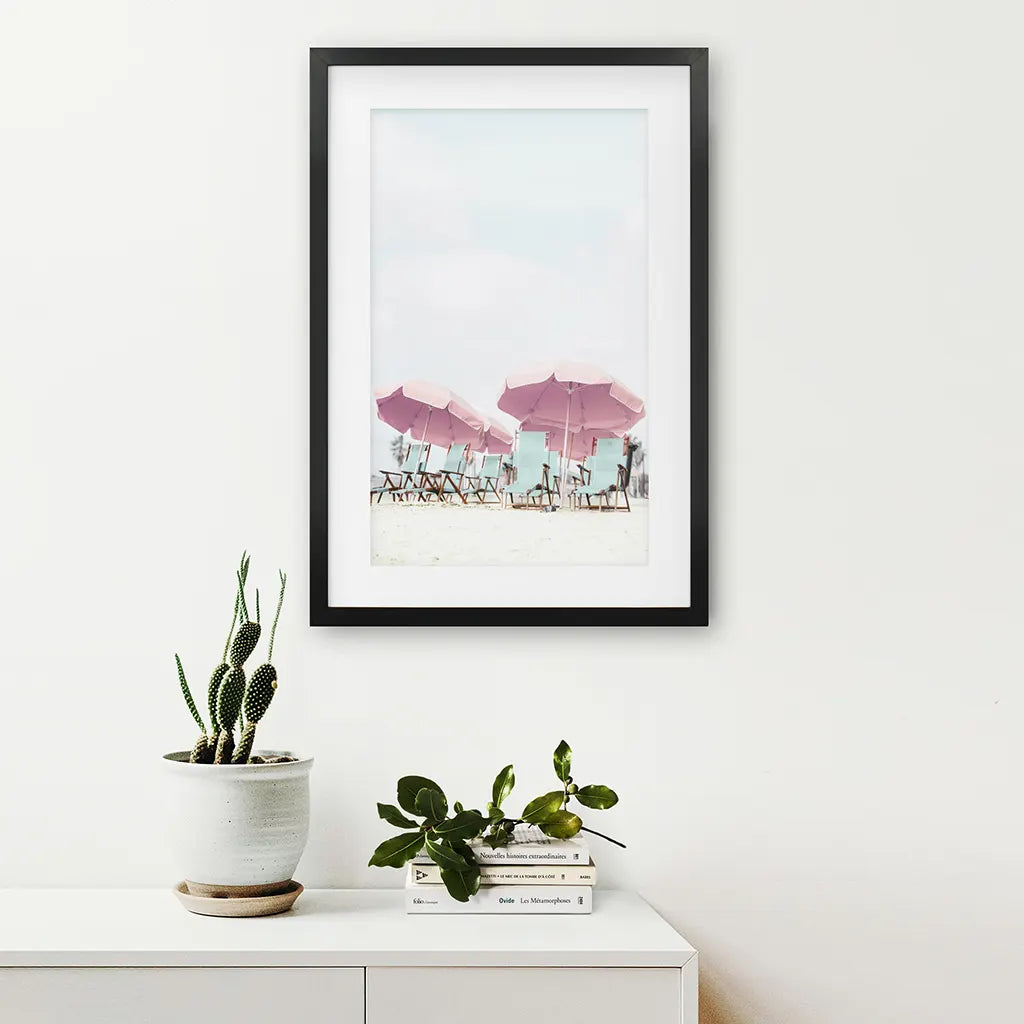 Pink Umbrella Beach Print - Summer Coastal Wall Art
