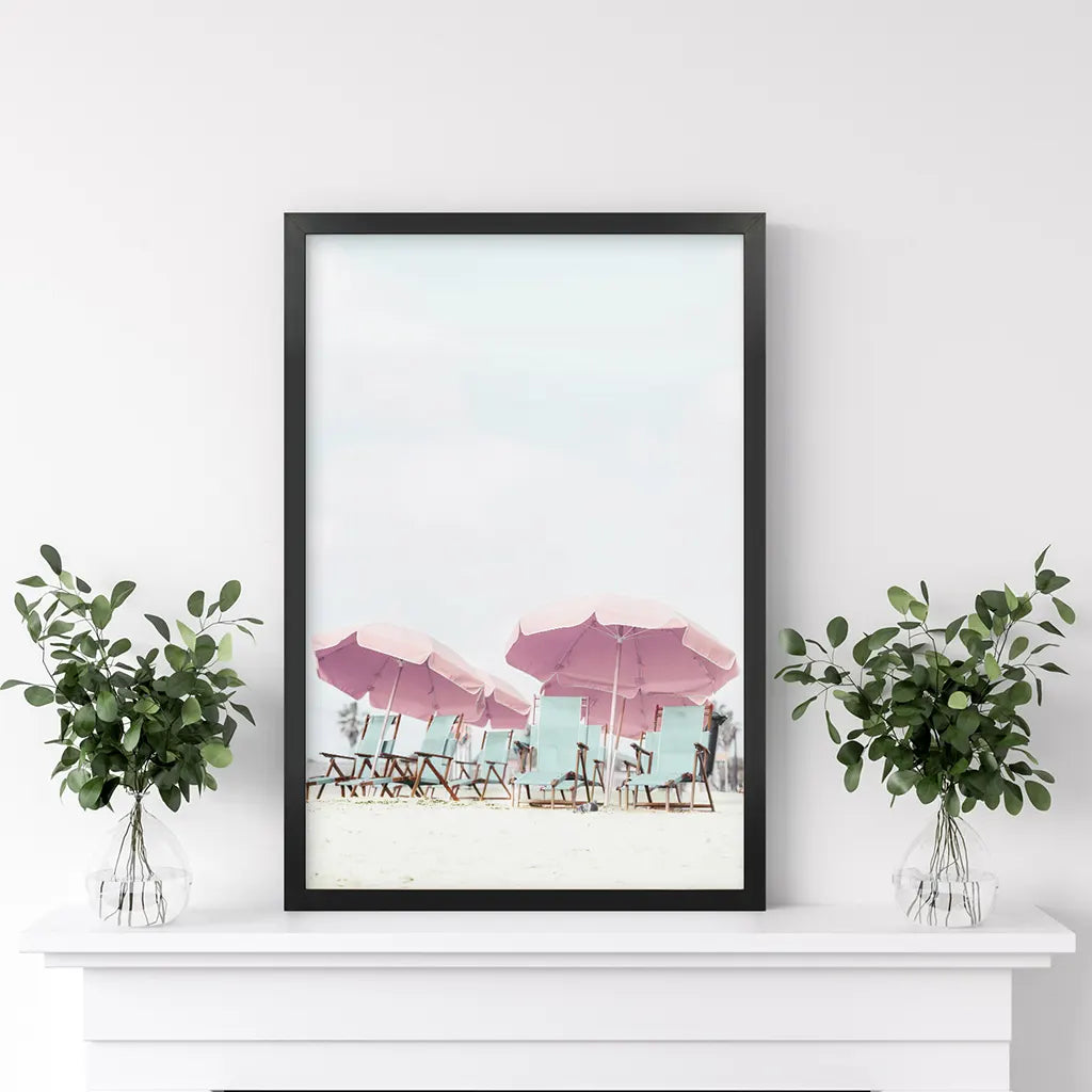 Pink Umbrella Beach Print - Summer Coastal Wall Art