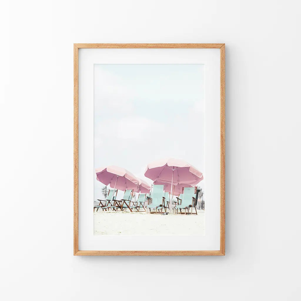 Pink umbrella summer beach coastal wall art print