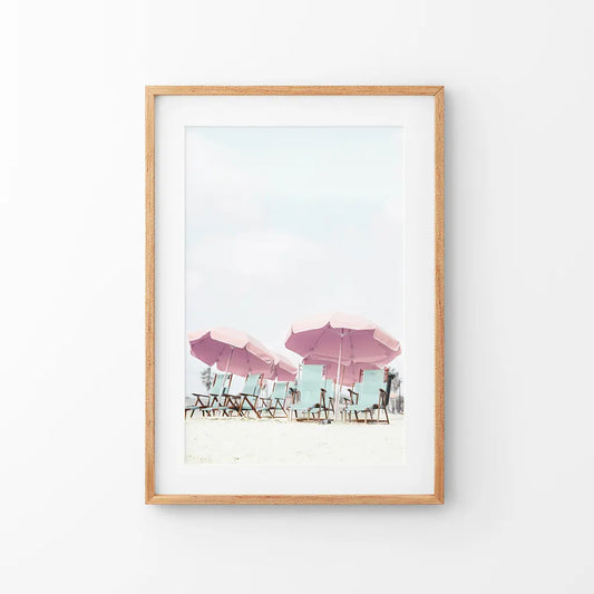 Pink umbrella summer beach coastal wall art print