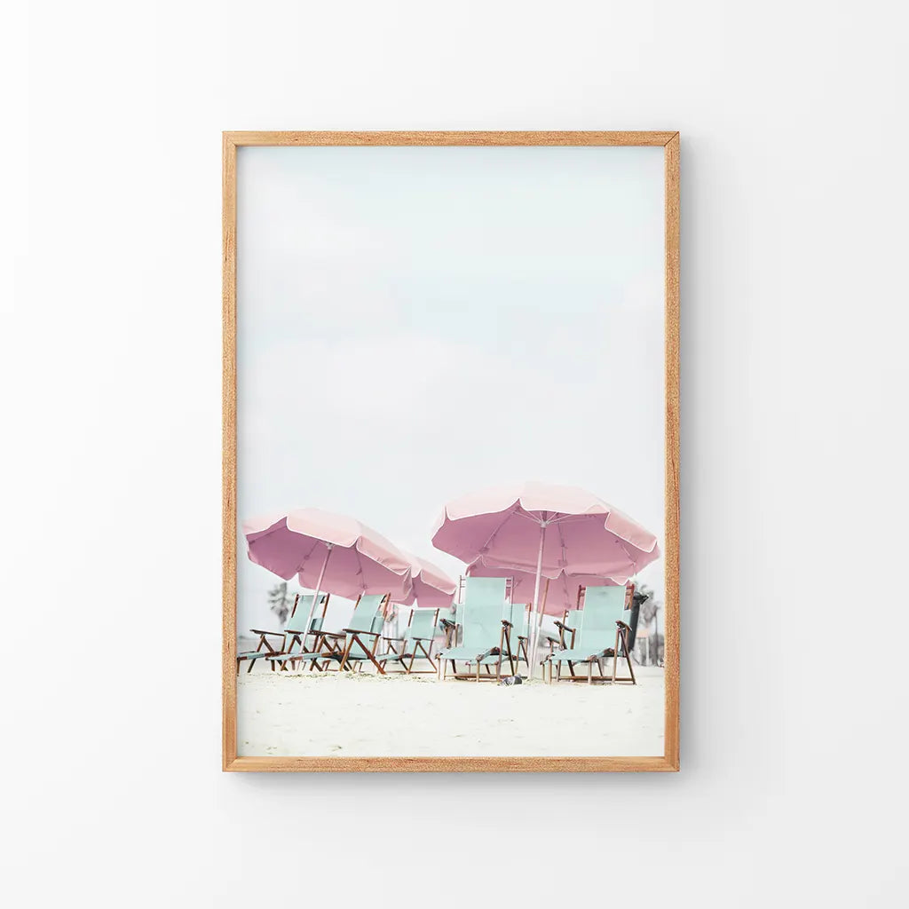 Pink Umbrella Beach Print - Summer Coastal Wall Art