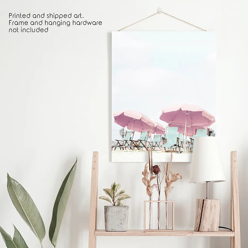 Pink Umbrella Beach Print - Summer Coastal Wall Art