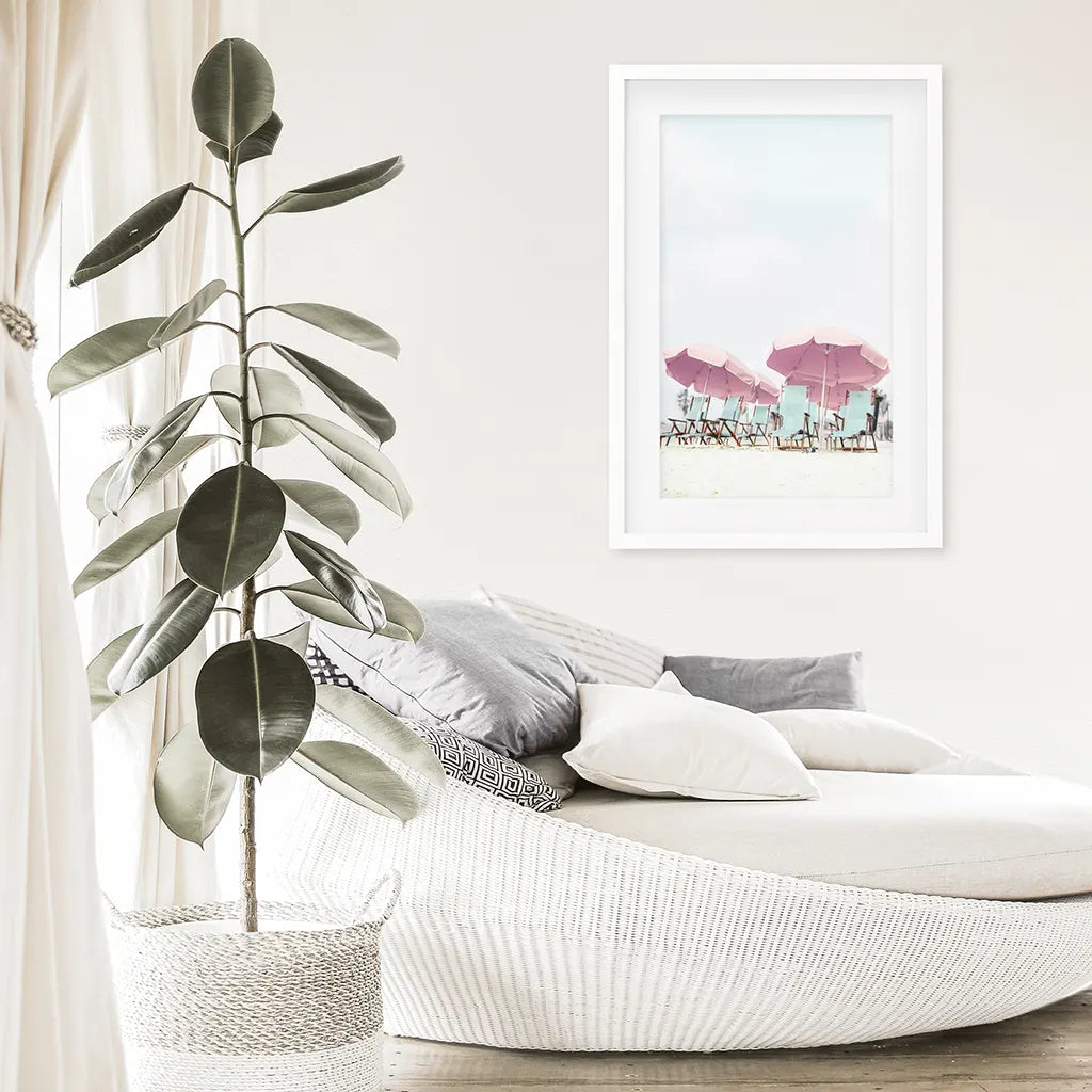 Pink Umbrella Beach Print - Summer Coastal Wall Art