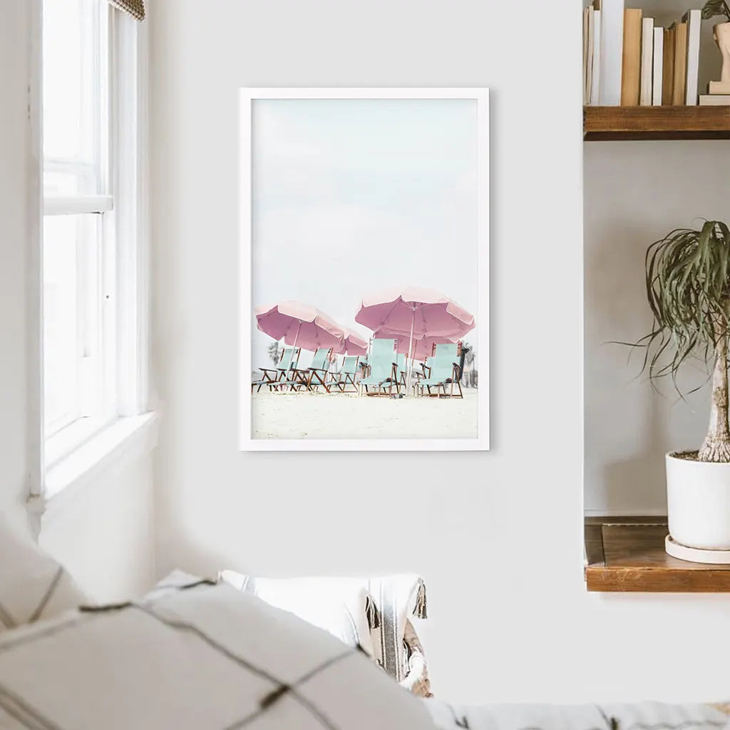 Pink Umbrella Beach Print - Summer Coastal Wall Art
