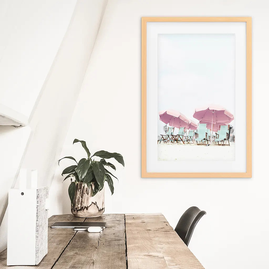 Pink Umbrella Beach Print - Summer Coastal Wall Art
