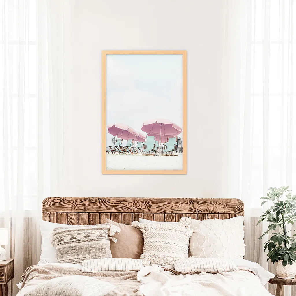 Pink Umbrella Beach Print - Summer Coastal Wall Art