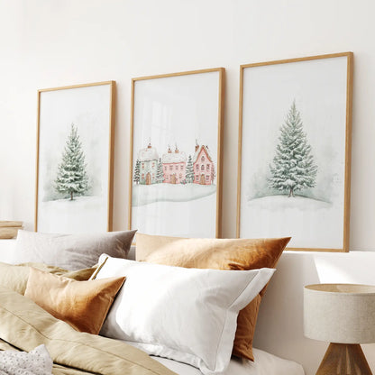 Winter evergreen tree Christmas wall art set of 3 prints