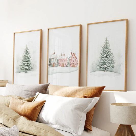 Winter evergreen tree Christmas wall art set of 3 prints