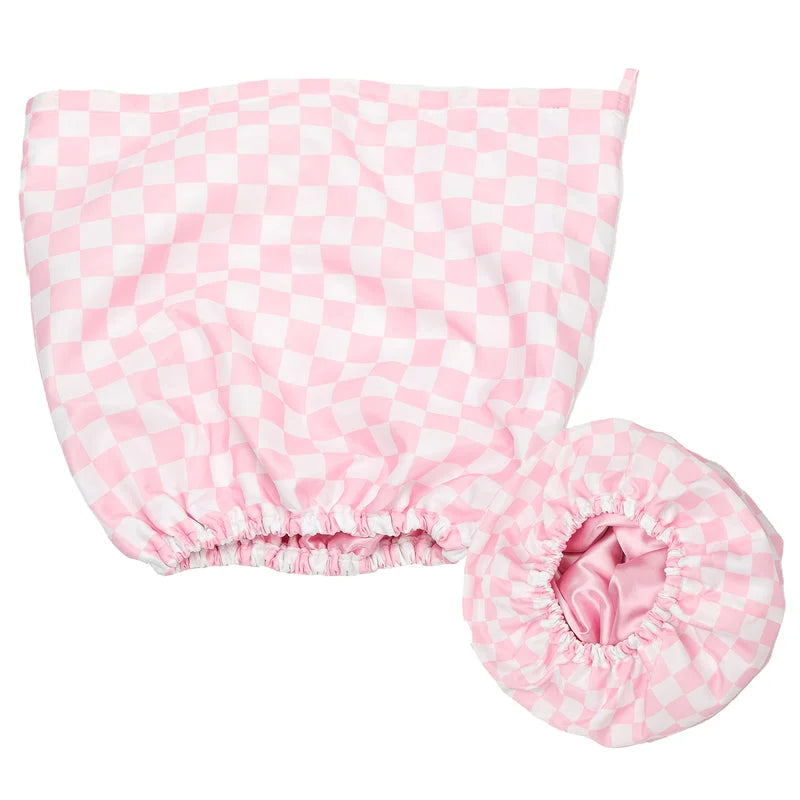 Pink checkered fashion shower cap with matching scrunchie - waterproof nursing hat set