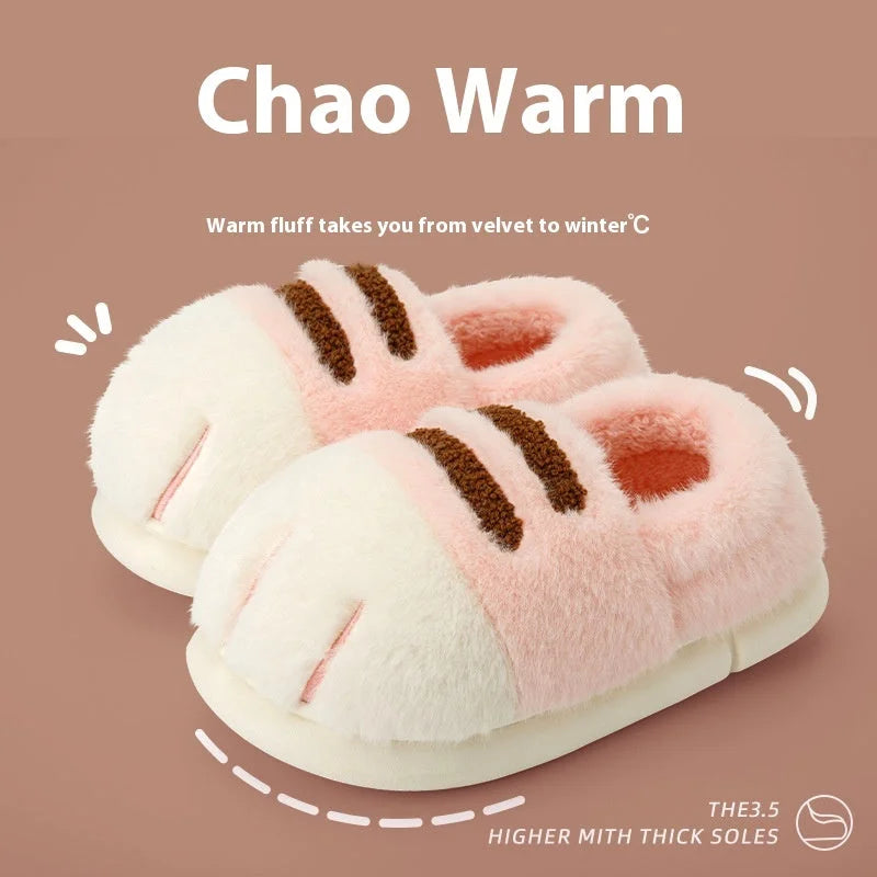 Pink furry warm slippers with thick soft soles and velvet interior for cozy winter use.