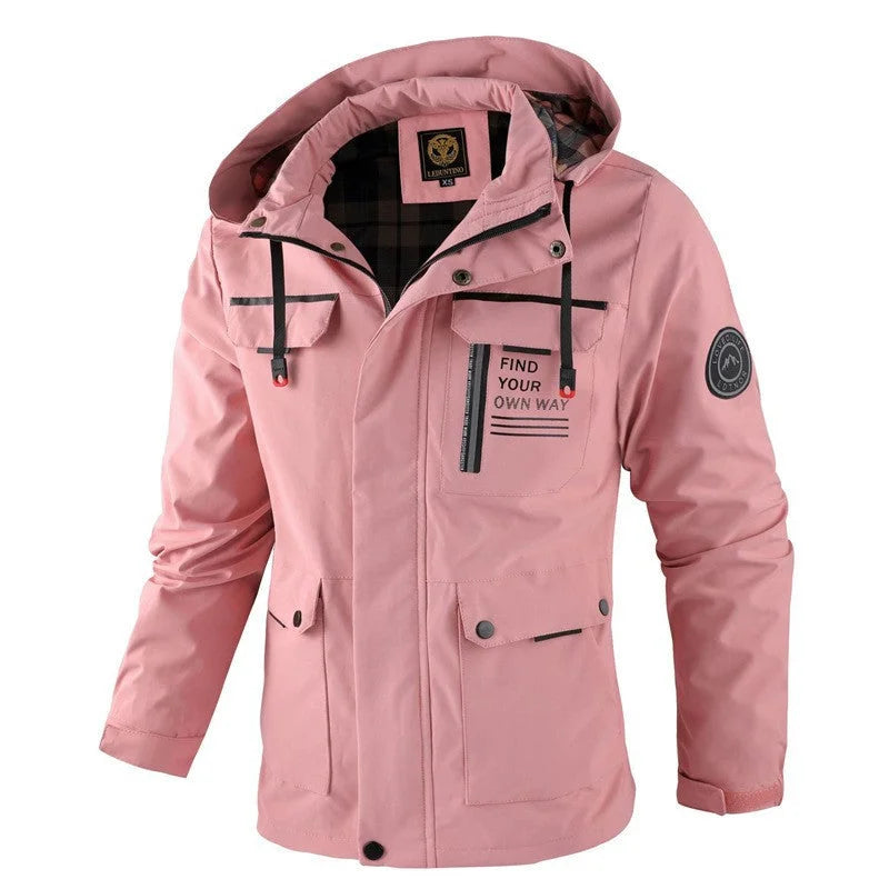 Pink men’s waterproof windbreaker jacket with hood and front utility pockets