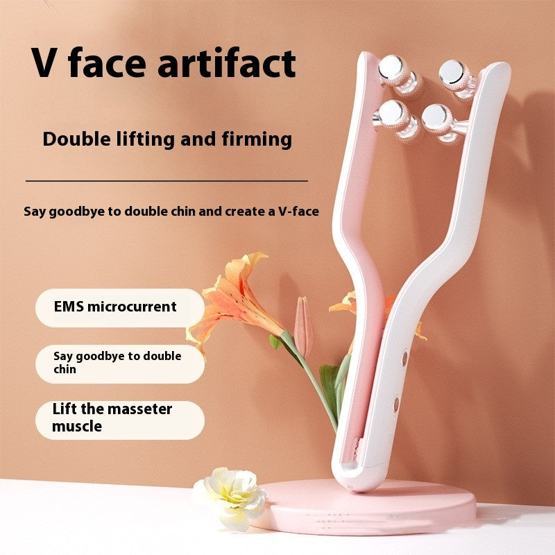 Pink microcurrent face roller massager for V-face lifting, double chin reduction, and facial muscle firming treatment