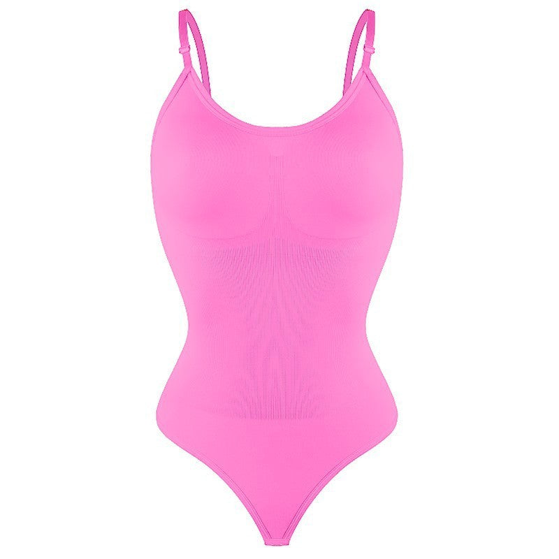 Pink one-piece shapewear with thin straps on a white background