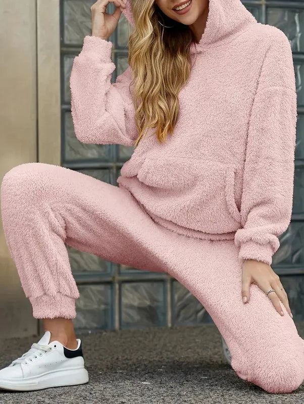 Pink plush pajama set women's cozy fleece loungewear with hoodie