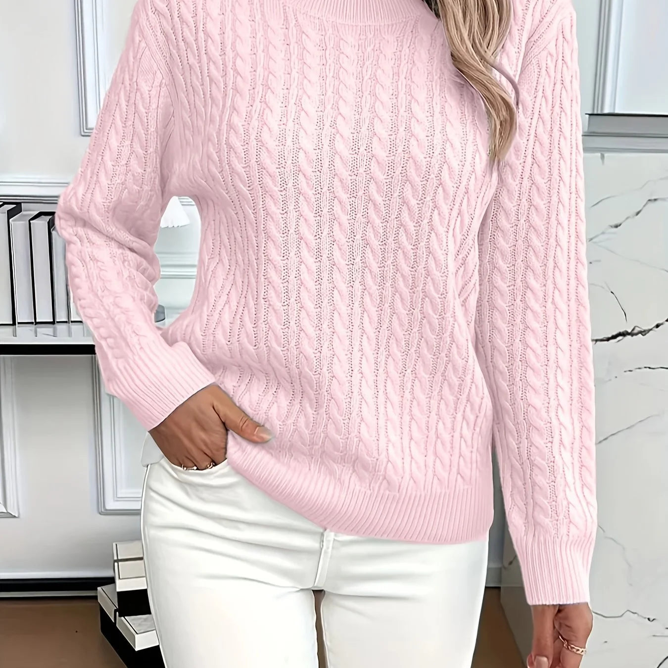 Pink women’s cable-knit pullover sweater with a soft, feminine everyday style