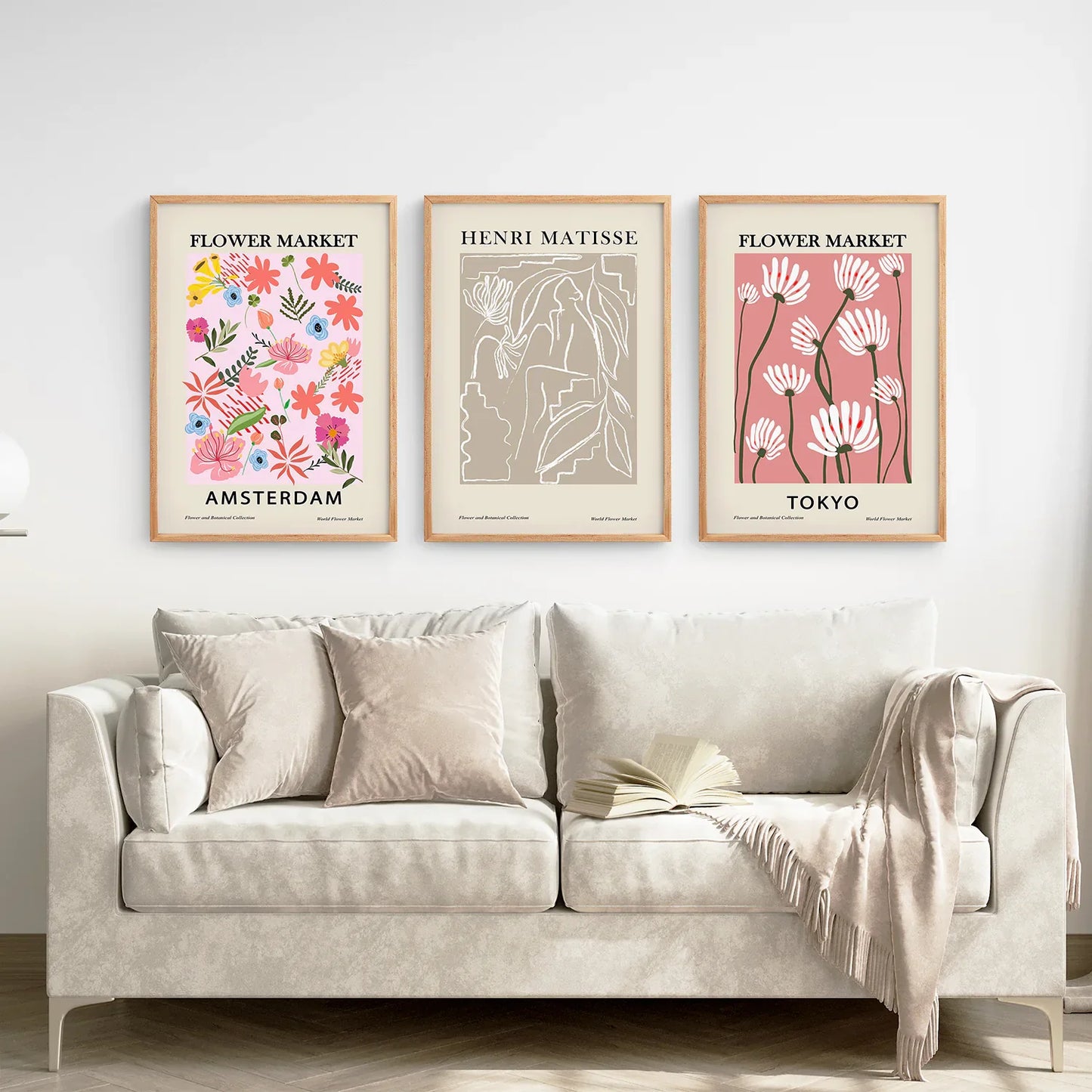 Pink Flower Market Wall Art Set of 3, Retro Floral Prints