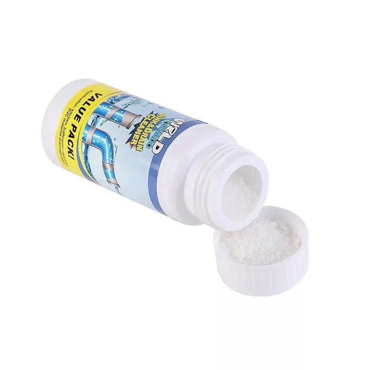 Pipe dredging agent bottle open showing white powder drain cleaner for kitchen and bathroom clogs