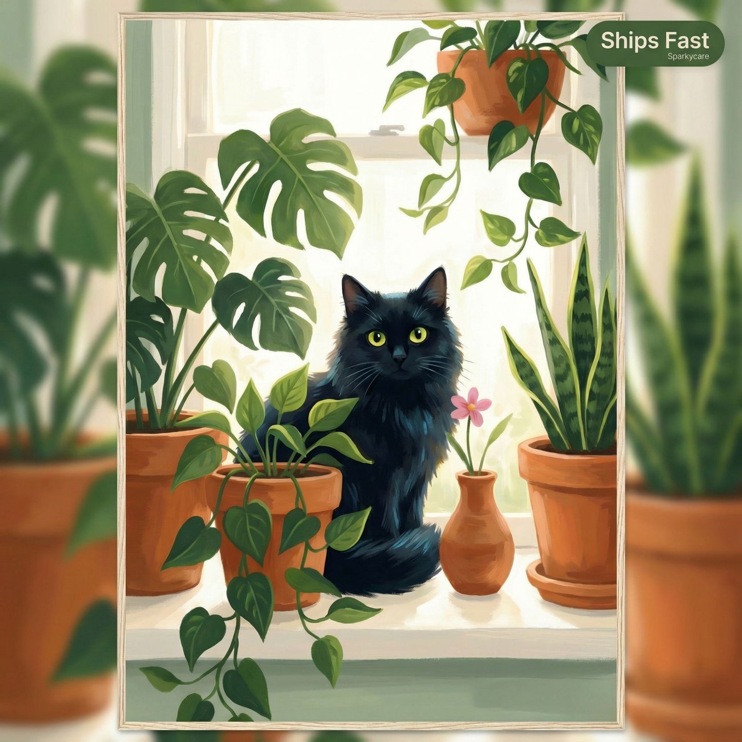 Plant Lover Wall Art — Cat & Houseplants Framed Poster