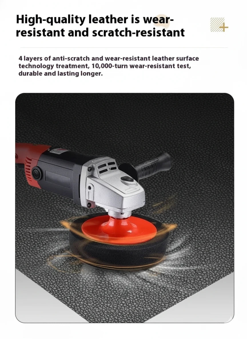 Polishing tool with red pad on a textured surface, highlighting wear-resistant leather scratch repair patch.