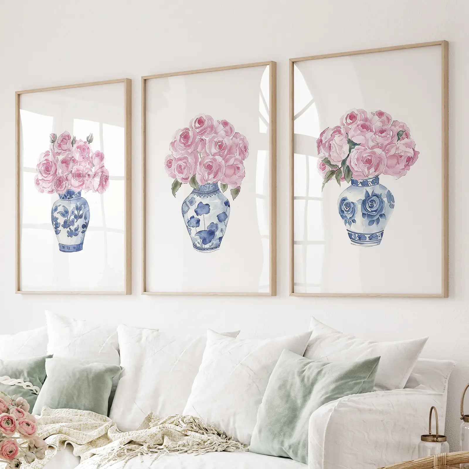 Blue chinoiserie roses wall art set of 3 floral prints