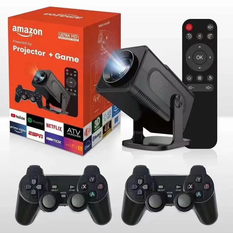 Portable Android projector game console with remote control and dual wireless controllers