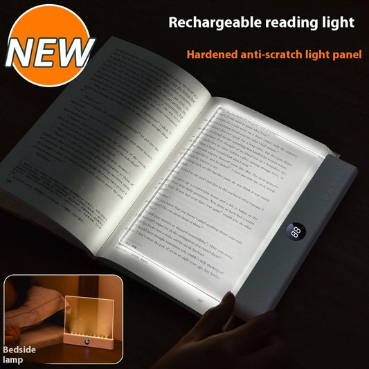 Portable LED reading light showing Anti-scratch light panel and bedside lamp function