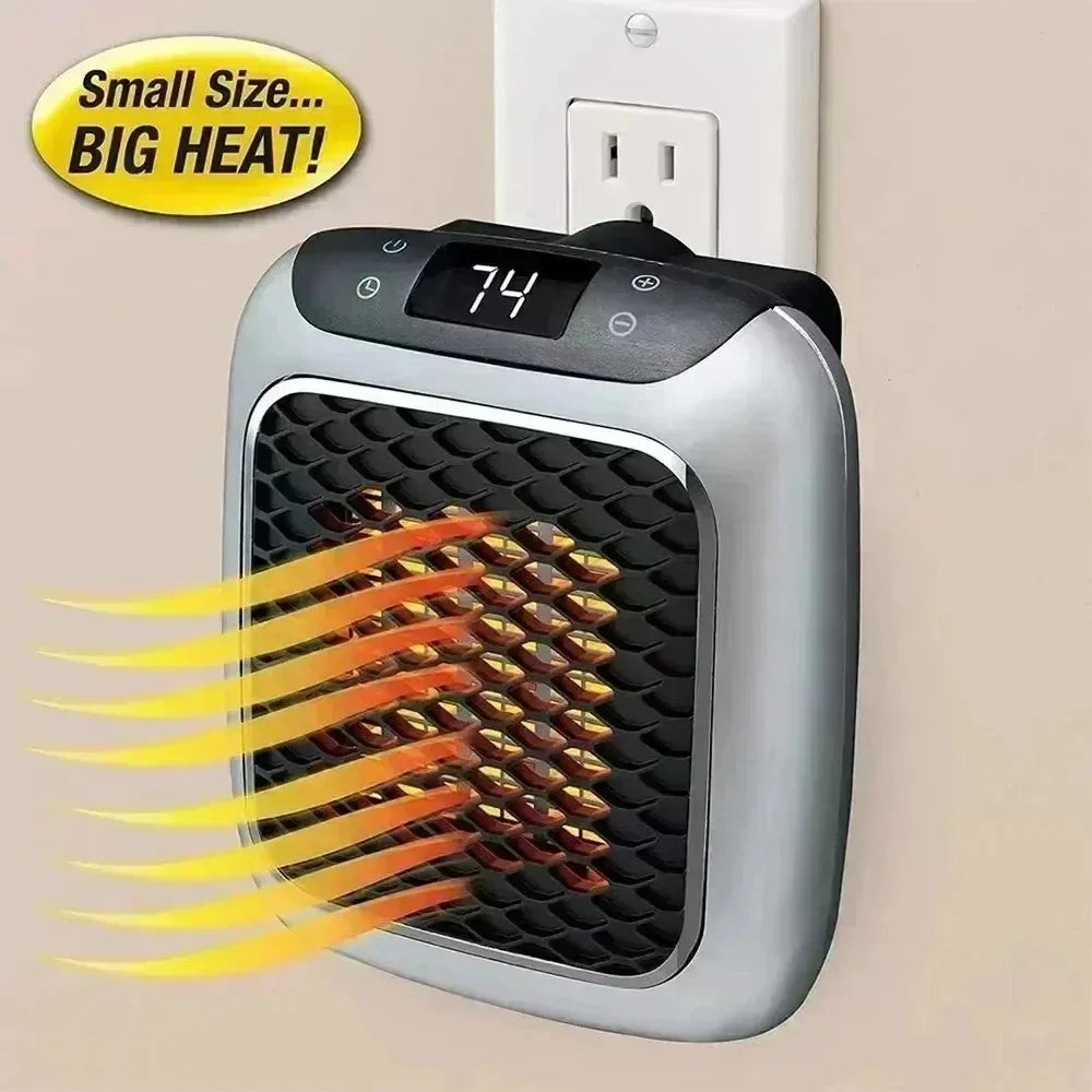 Portable heater with digital display and airstream illustration on a beige wall background