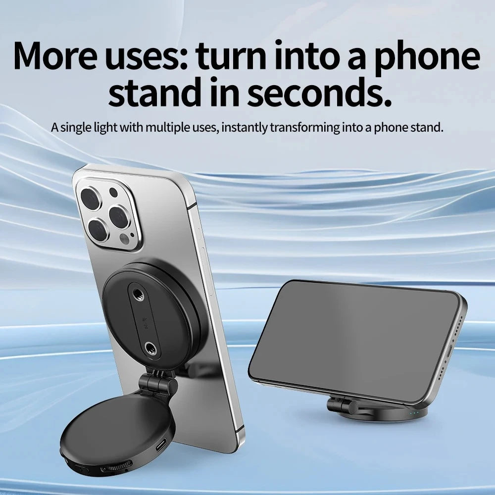 Portable phone selfie light showing use case as phone stand