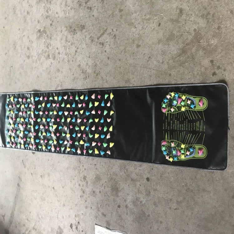 Portable reflexology massage mat layout with colorful pebble texture and foot chart instructions