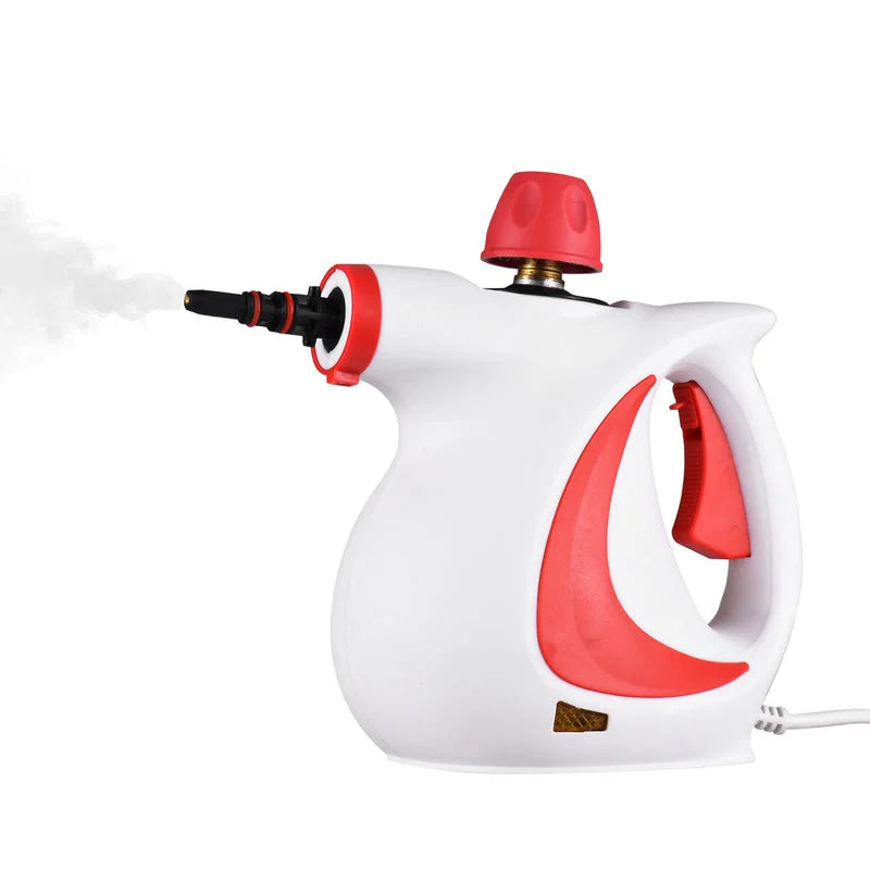 Portable steam cleaner releasing hot steam from front nozzle during use