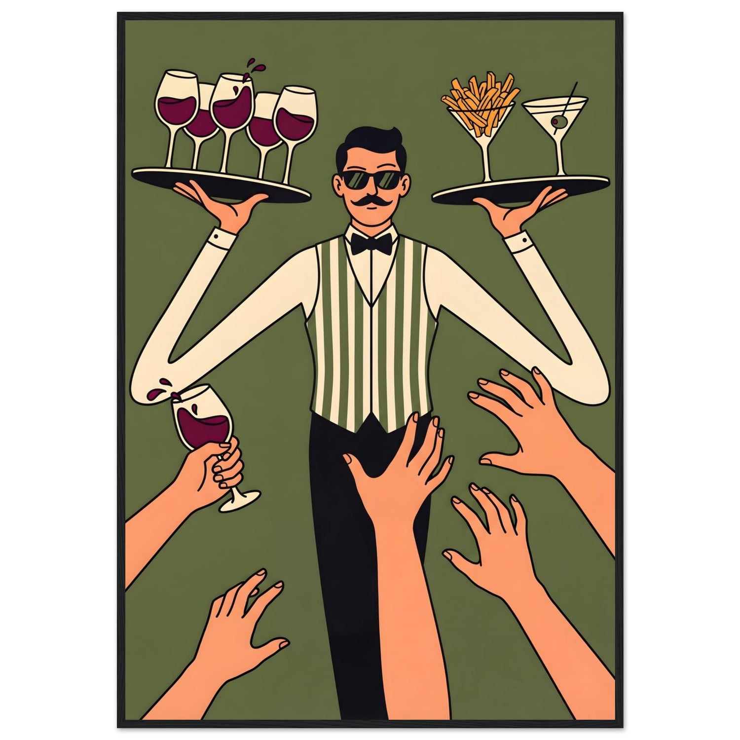 Poster of a bartender with drinks and food being offered by hands on a green background