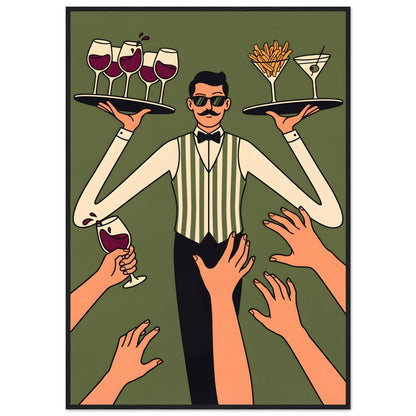 Retro Waiter Bar Art, Framed Server Wall Decor - 20x25 cm / 8x10″ - White frame / Ready-to-hang - Sparkycare