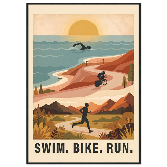 Triathlon Poster: Retro Swim Bike Run Framed Wall Art - 13x18 cm / 5x7″ - White frame / Ready-to-hang - Sparkycare
