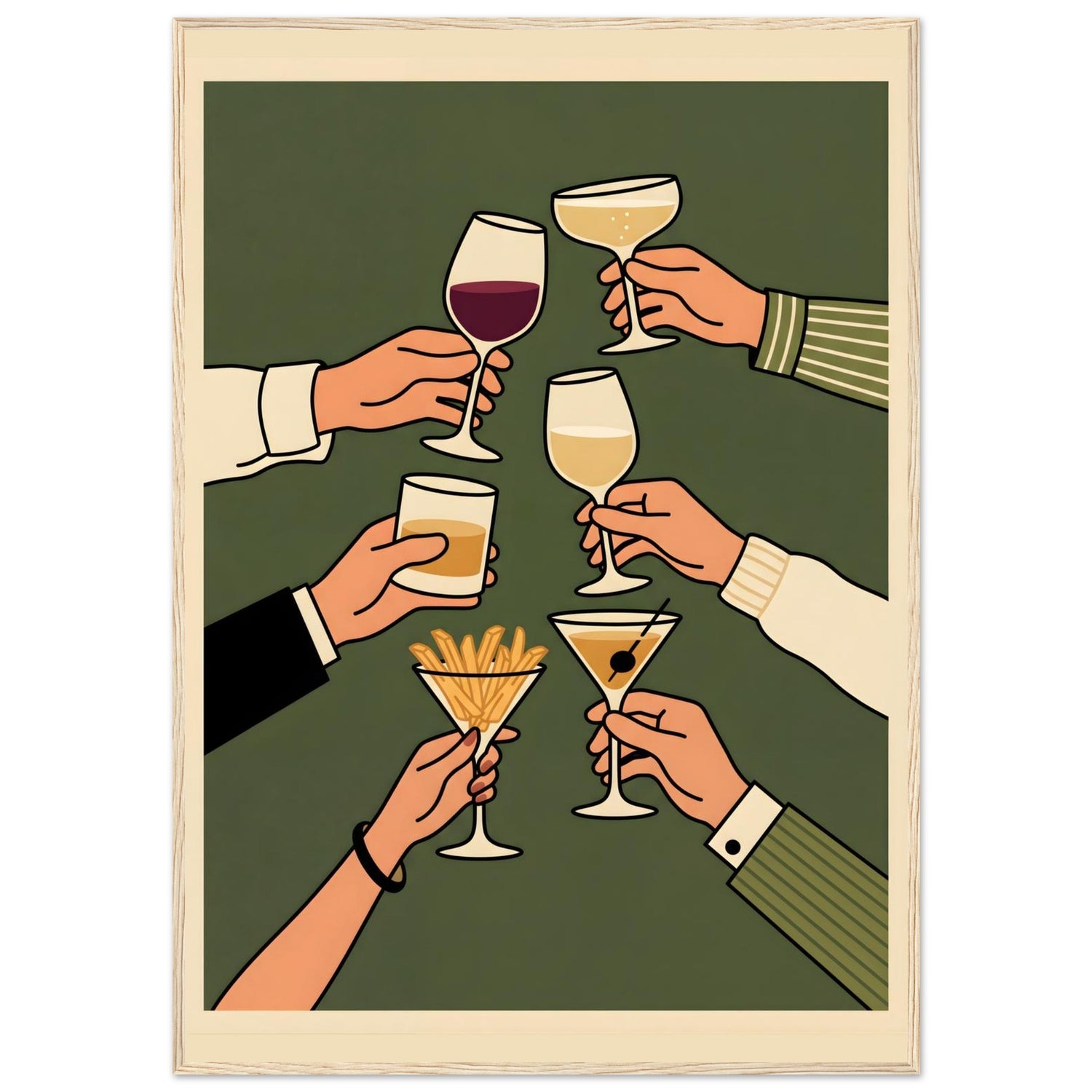 Poster of hands holding glasses with different drinks against a green background