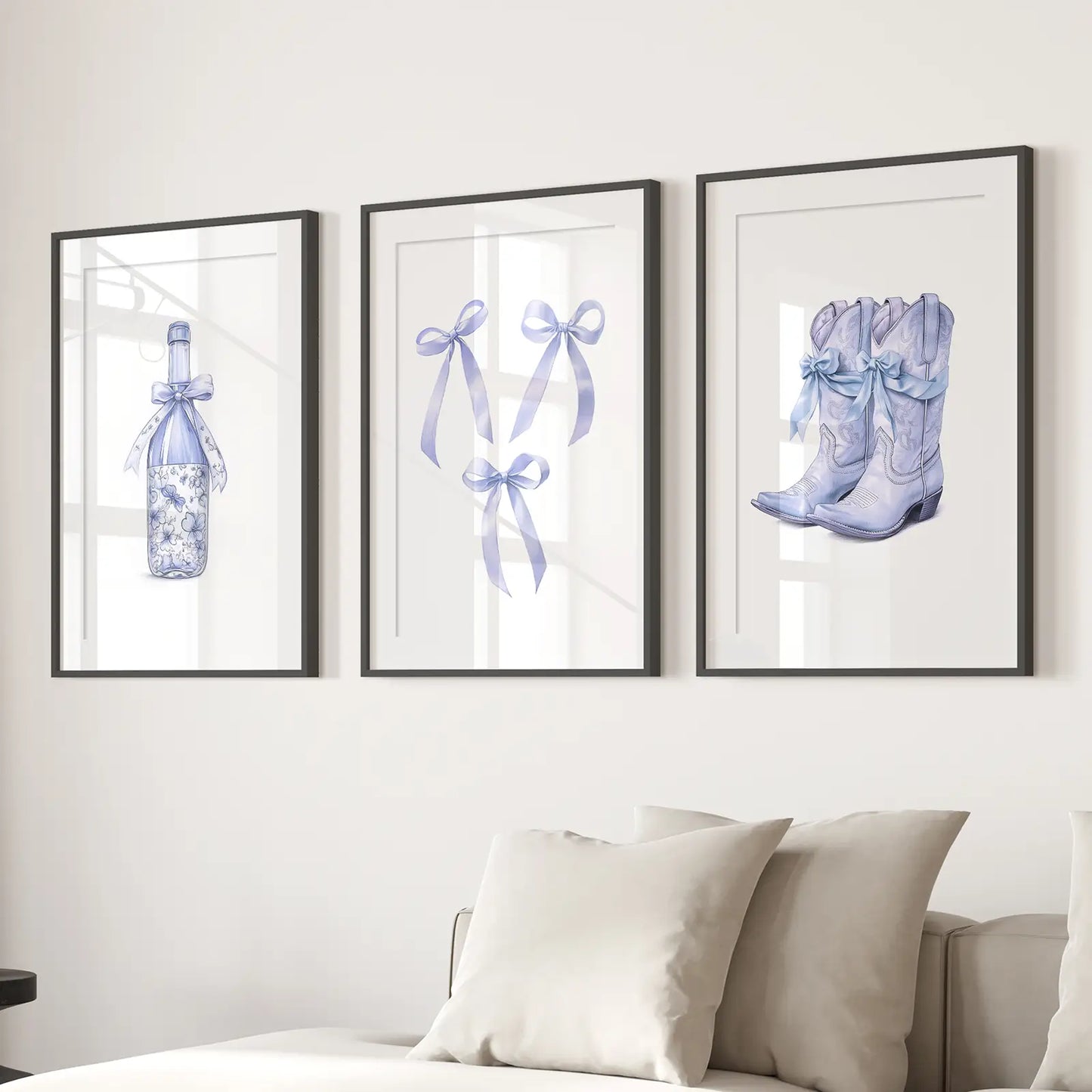 Blue Bows Western Boots Wall Art Set of 3 Prints