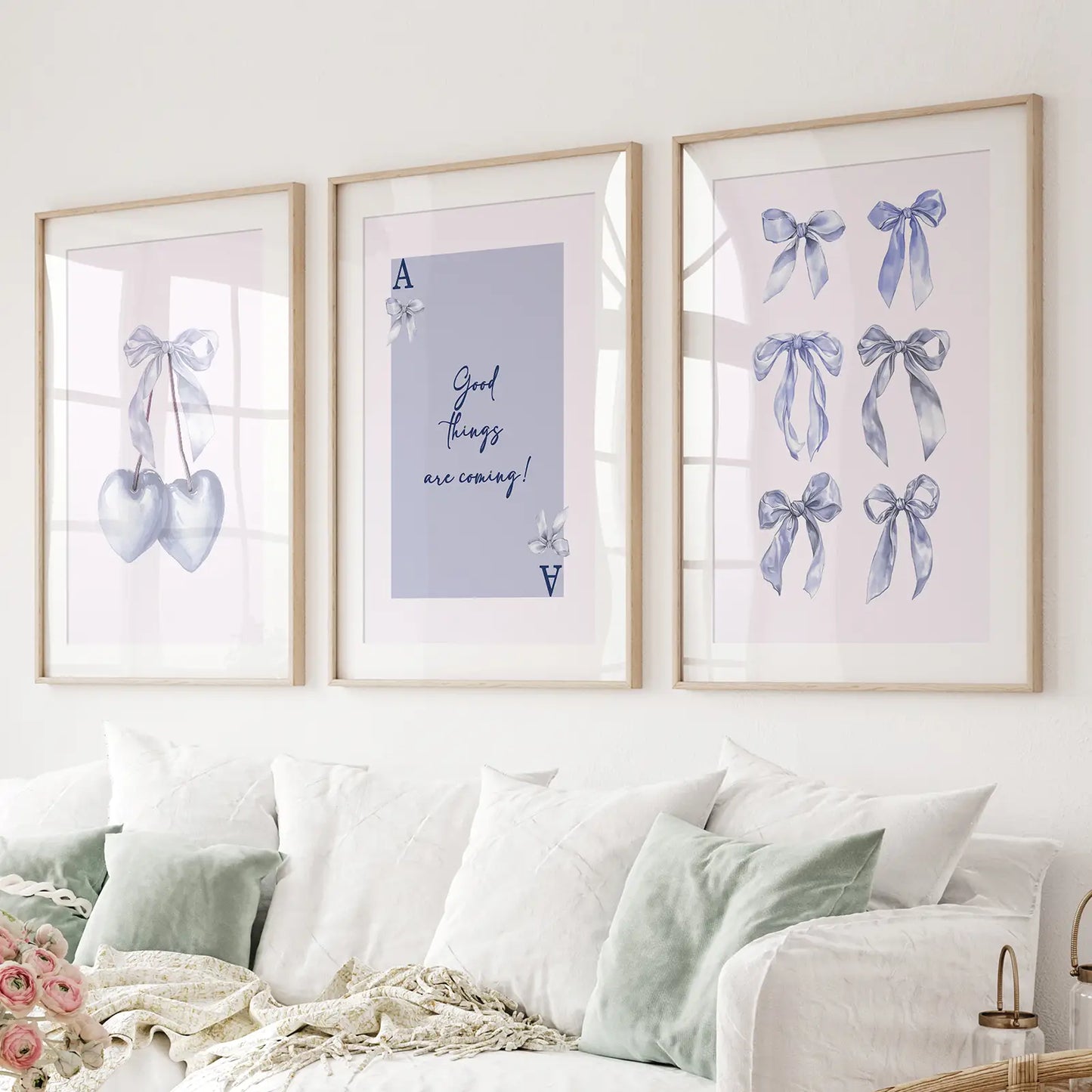Blue bows preppy girly wall art set of 3 prints
