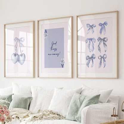 Blue bows preppy girly wall art set of 3 prints