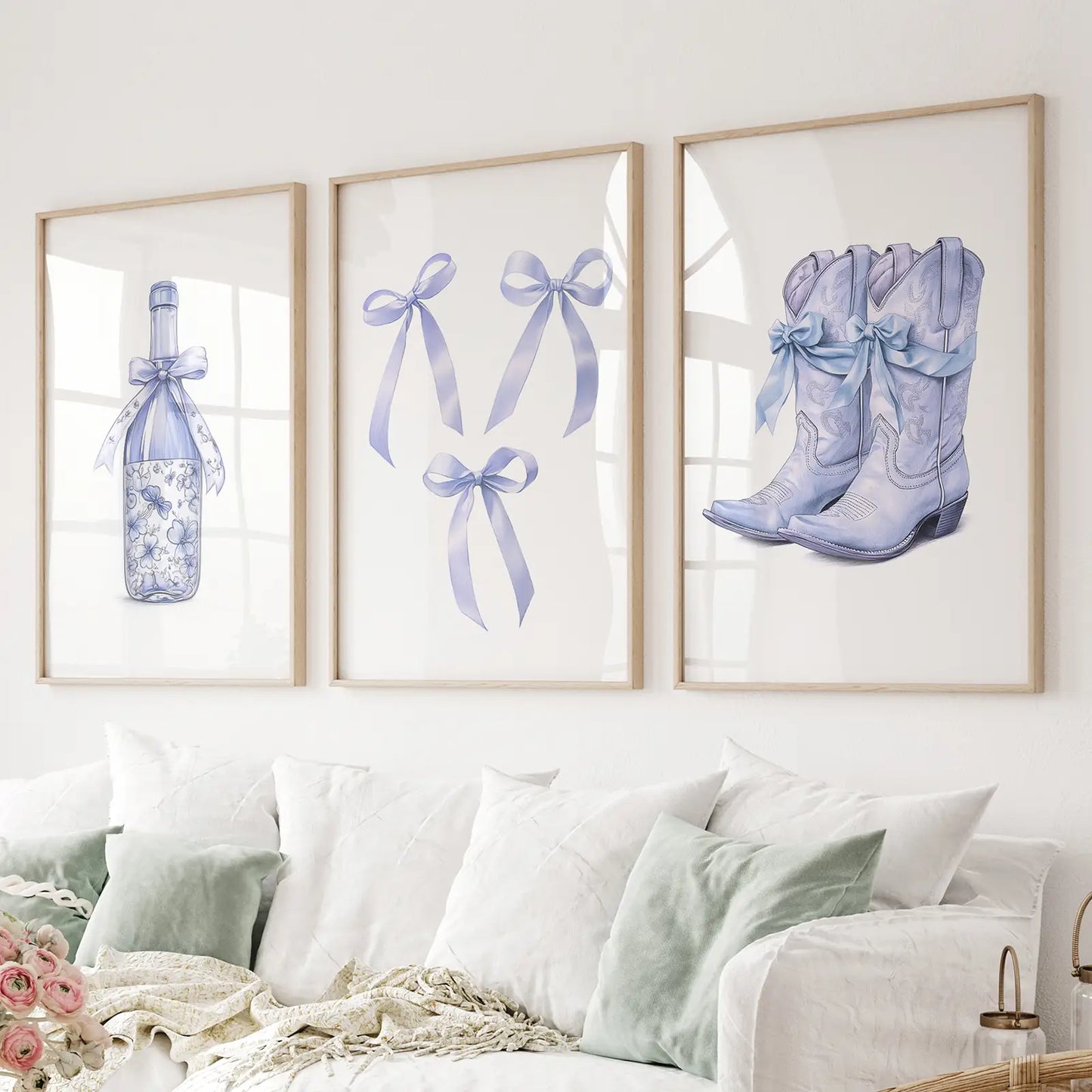 Blue Bows Western Boots Wall Art Set of 3 Prints
