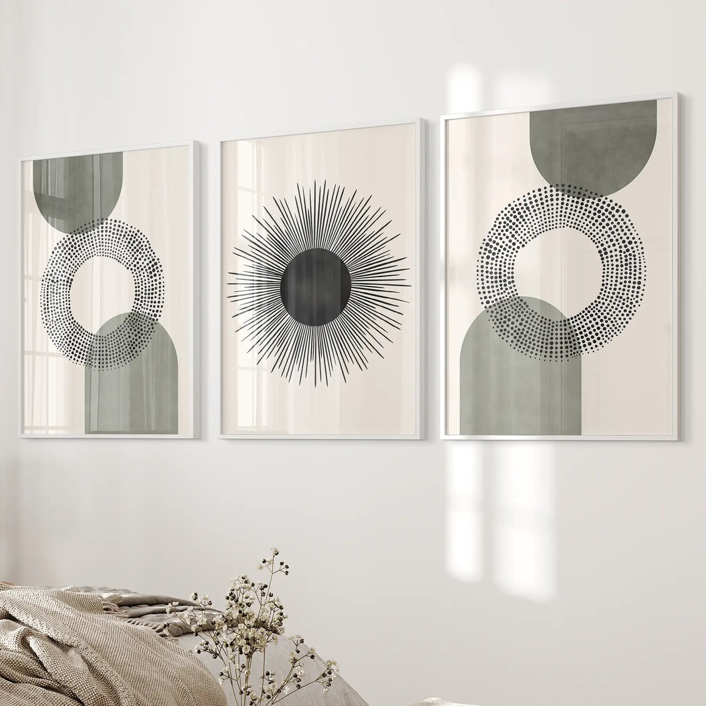 Boho Sage Green Mid Century Wall Art Set of 3