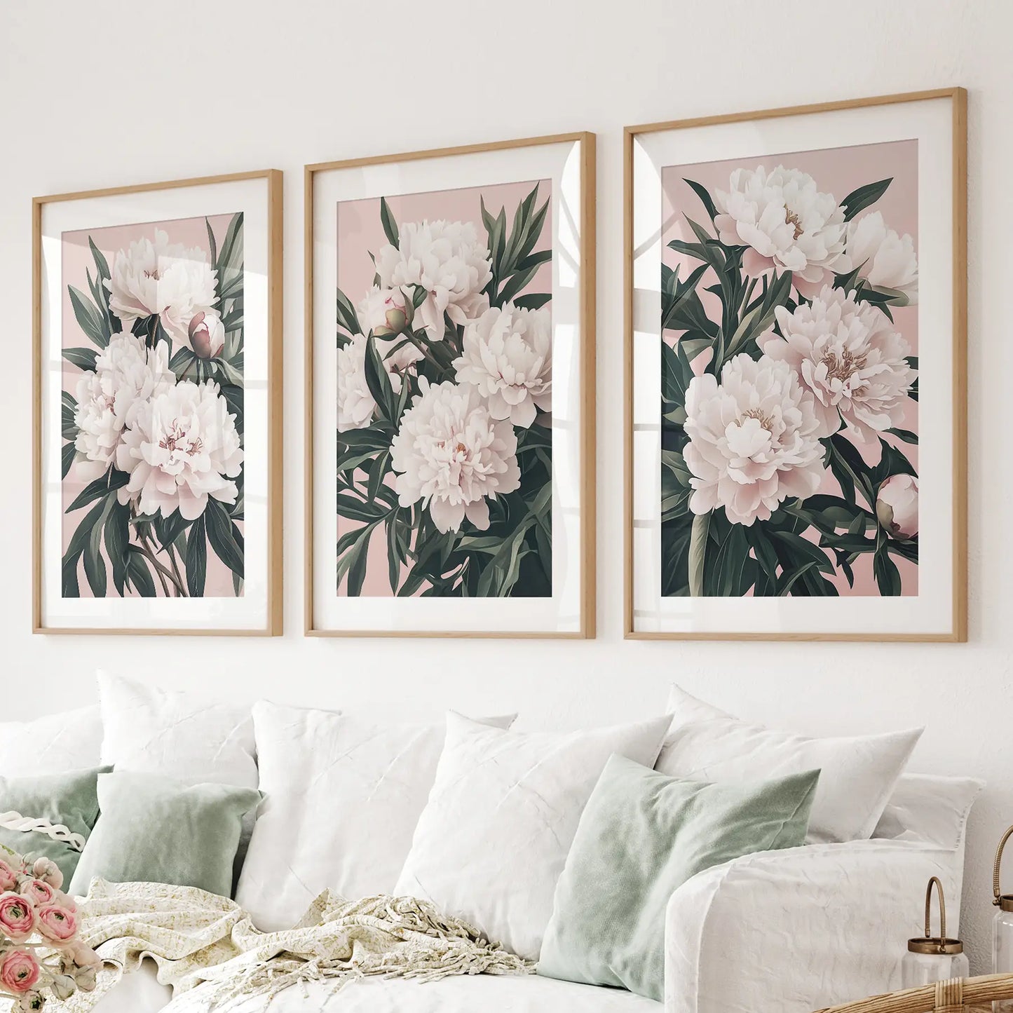 Peonies Flowers Wall Art Set of 3 Pink Green Prints