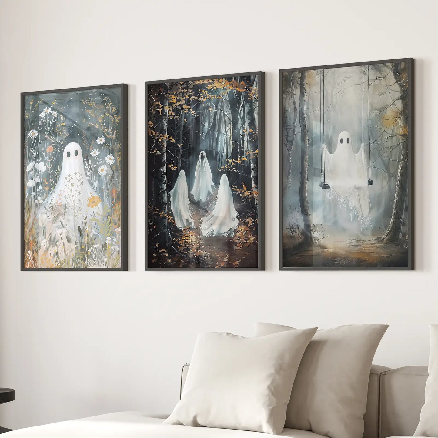 Halloween Ghost Wall Art Set of 3 Gothic Prints