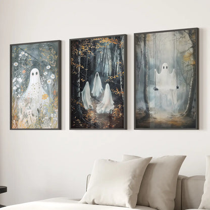 Halloween Ghost Wall Art Set of 3 Gothic Prints