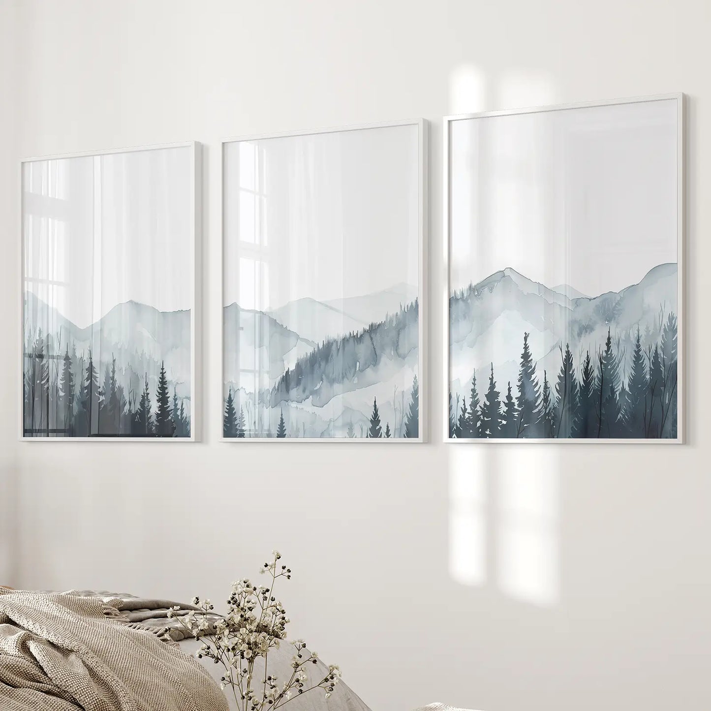 Watercolor Mountain Forest Wall Art Set of 3