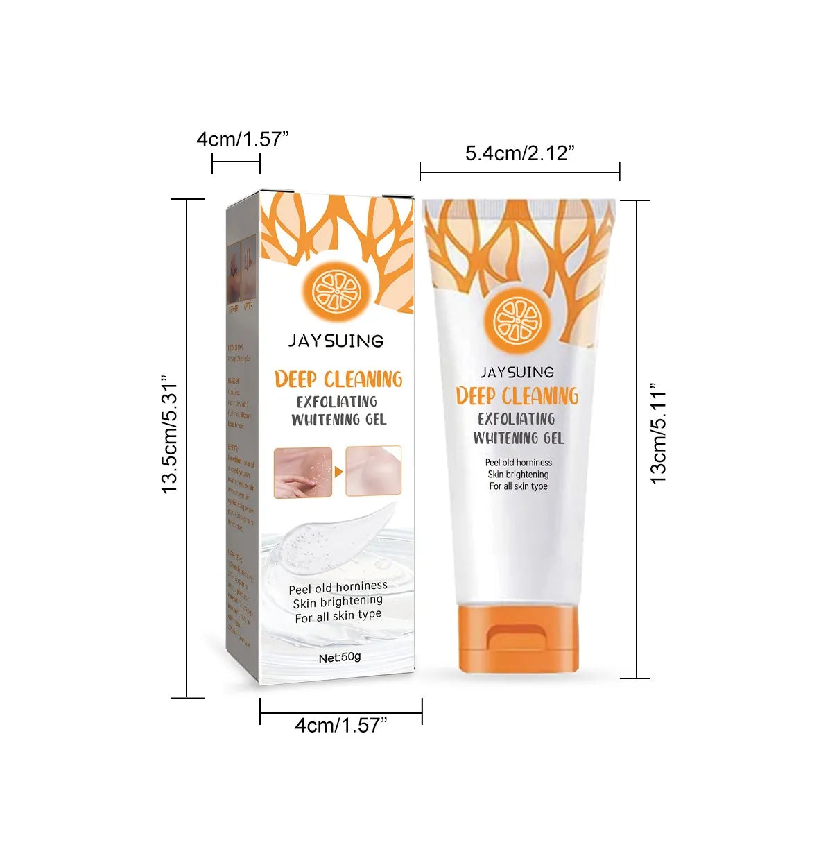 Product dimensions of exfoliating whitening gel tube 13cm by 4cm size