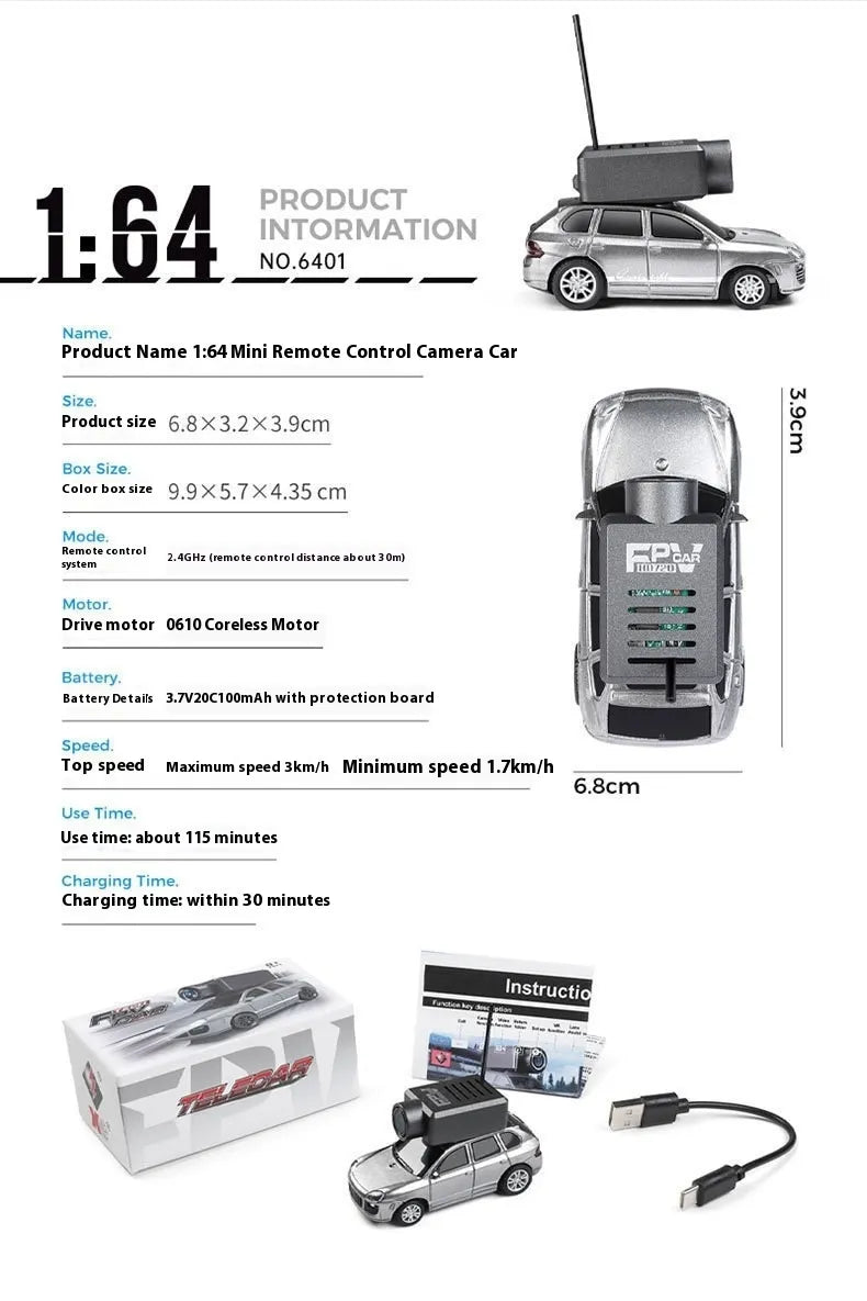 Product information sheet for a 1:64 scale remote control car with specifications and features.
