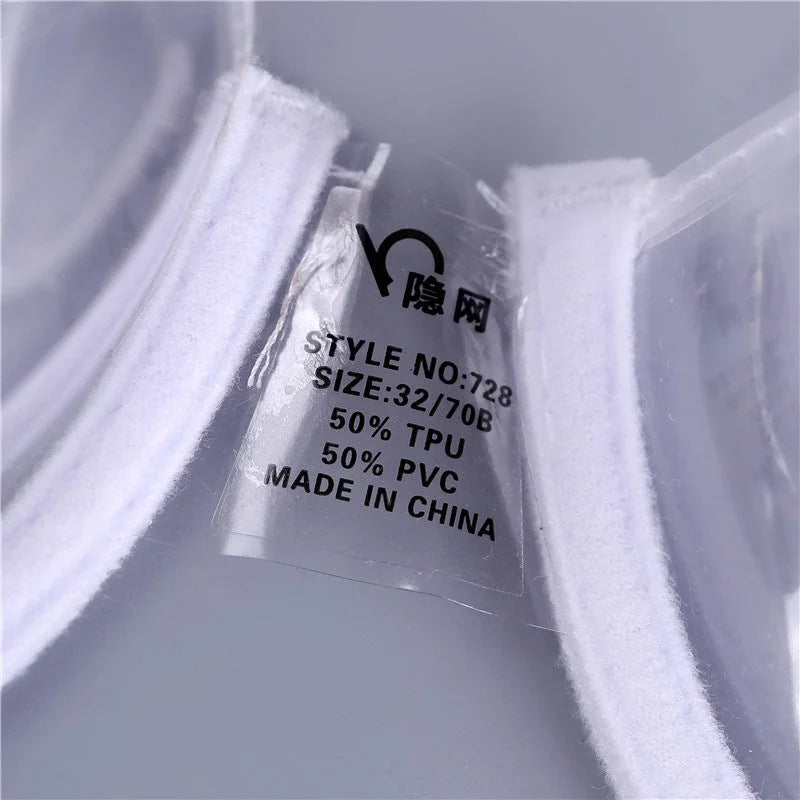 Product label showing style number 728 made from 50% TPU and 50% PVC materials for invisible bra support