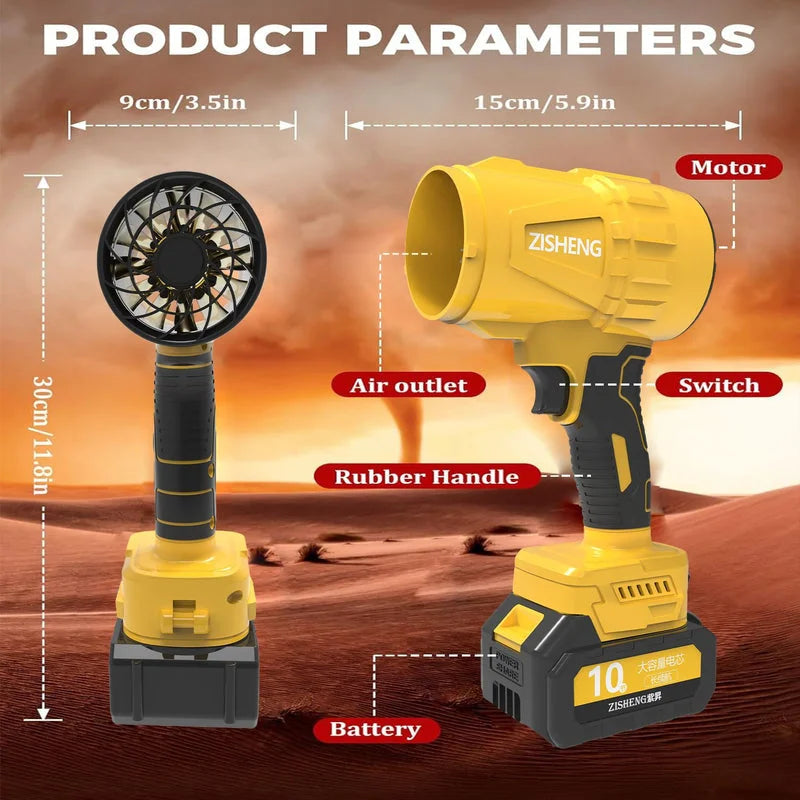 Product parameters showing handheld storm blower dimensions, labeled components, and detachable battery design.